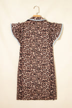 Khaki Leopard Print Lace Trim Shirt Collar Button Down Loose Mini Dress