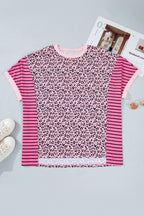 Pink Leopard Striped Contrast Patchwork Plus Size Tee