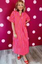 Red Stripe V Neck Cuffed Sleeve Relaxed Split Midi Dress