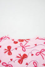 Red Romantic Bow Print Loose Tee Drawstring Shorts 2pcs Lounge Set