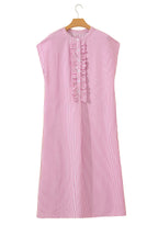 Striped Frilled Detail Half Buttons Short Sleeve Long Dress