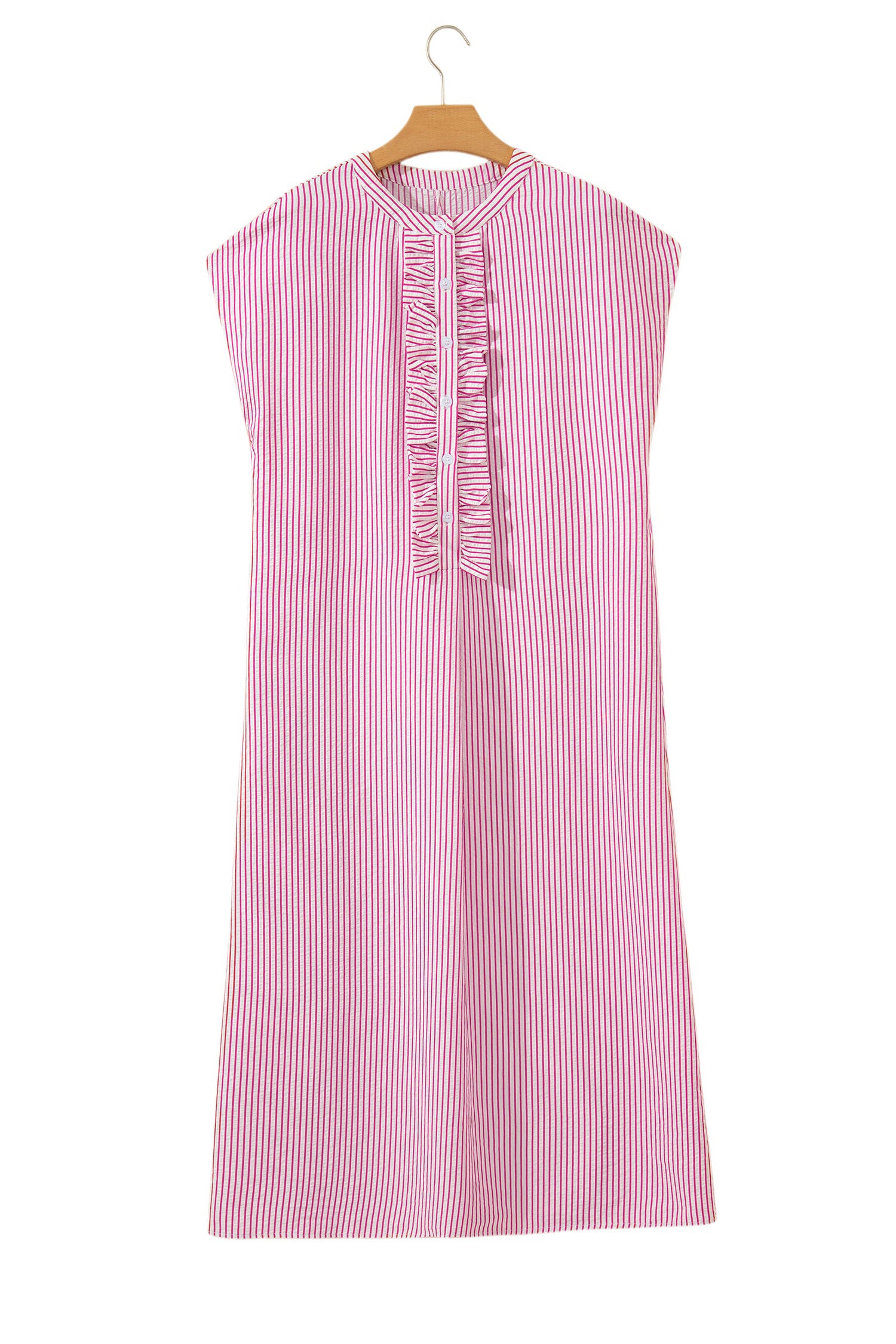 Striped Frilled Detail Half Buttons Short Sleeve Long Dress