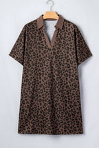 Brown Leopard Print Contrast Collar V-Neck Mini Dress
