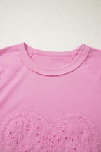 Pink Paisley Broderie Anglaise Valentine Heart Pattern Long Sleeve Patchwork Top