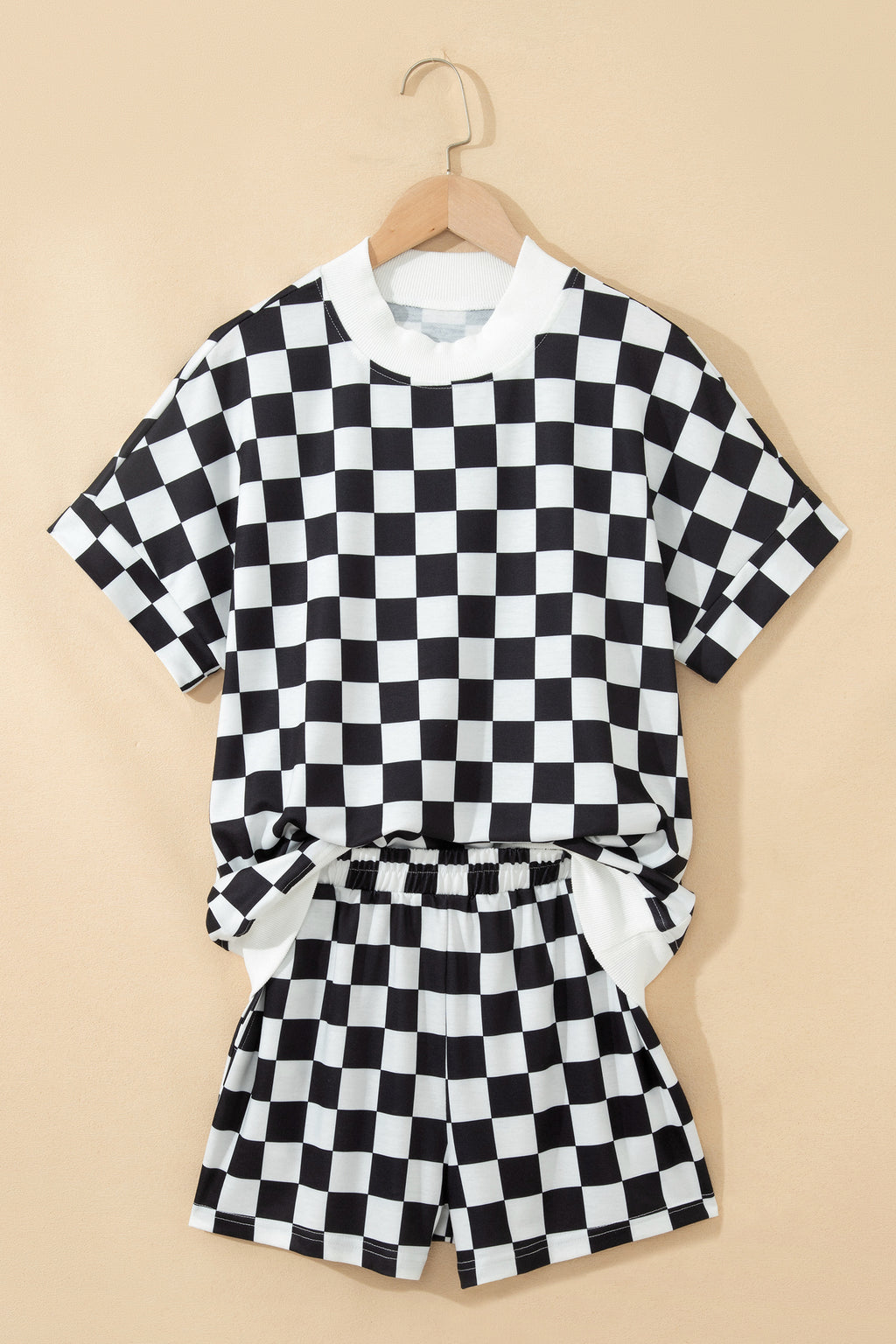 Checkered Print Colour Block Trim Mock Neck Short Set