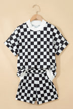 Checkered Print Colour Block Trim Mock Neck Short Set