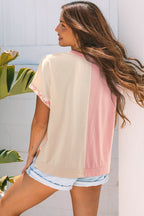 Apricot Color Block Flower Patched Loose T Shirt