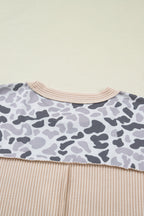 Gray Camouflage Print Twisted Ribbed Patchwork Casual T Shirt