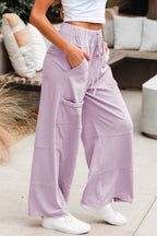 Mineral Wash Exposed Seam Drawstring Elastic Waistband Wide Leg Cargo Pants
