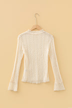 Apricot Flounced Long Sleeve Mock Neck Sheer Lace Top