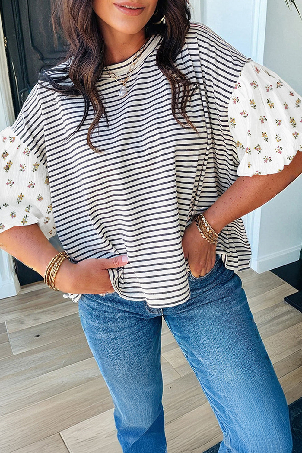Striped Floral Puff Sleeve Patchwork Round Neck Loose Top