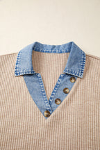 Beige Ribbed Knit Denim Color Block Patchwork Button Detail Collared Blouse