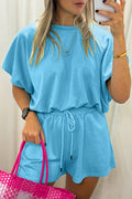 Solid Colour Puffy Loose Top Drawstring Shorts 2pcs Outfit