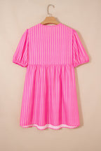 Rose Striped Print Bow Detail Short Puff Sleeve Mini Dress