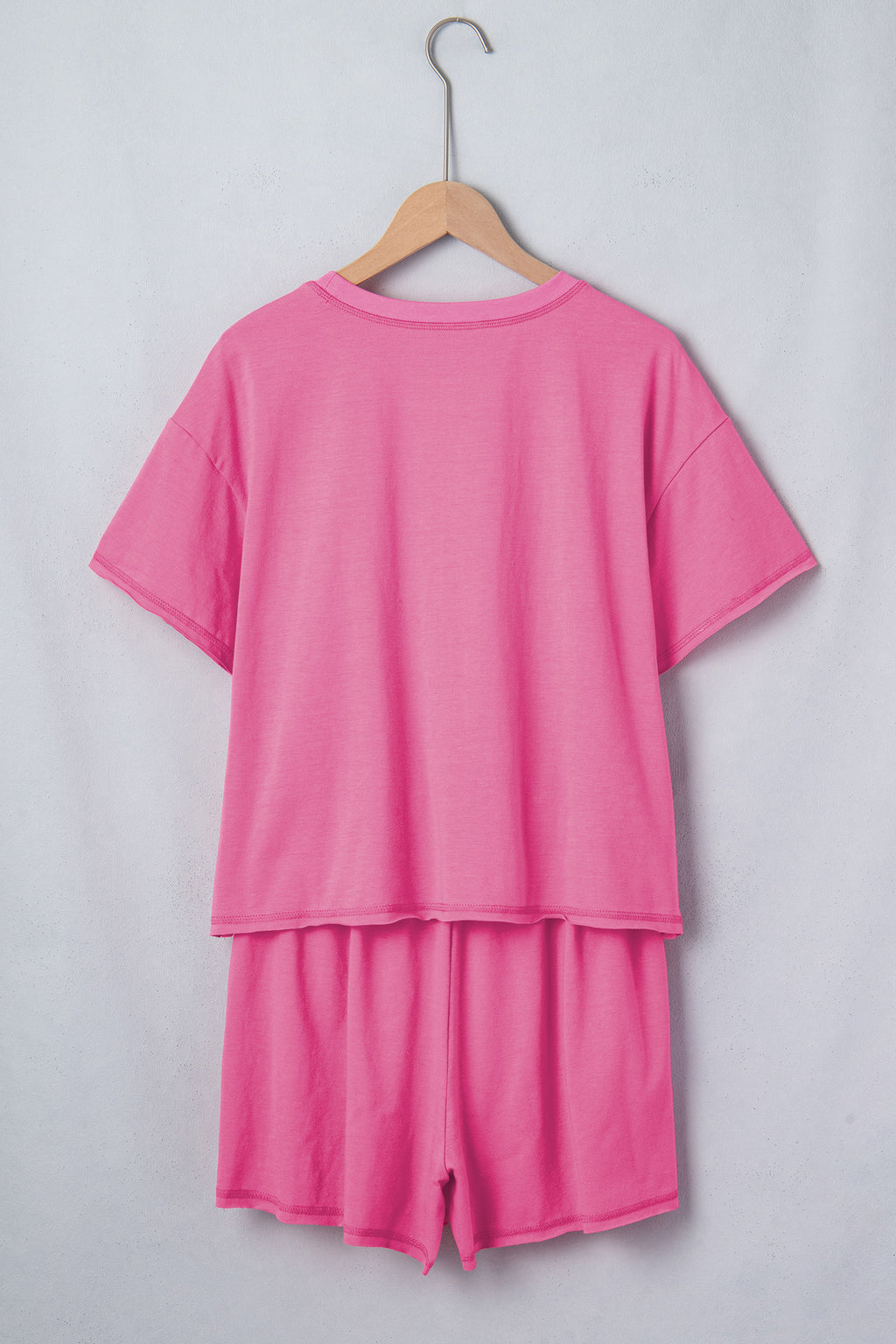 Bright Pink Seam Detail Raw Edge Tee Rainbow Waistband Casual Short Set