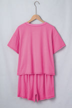 Bright Pink Seam Detail Raw Edge Tee Rainbow Waistband Casual Short Set