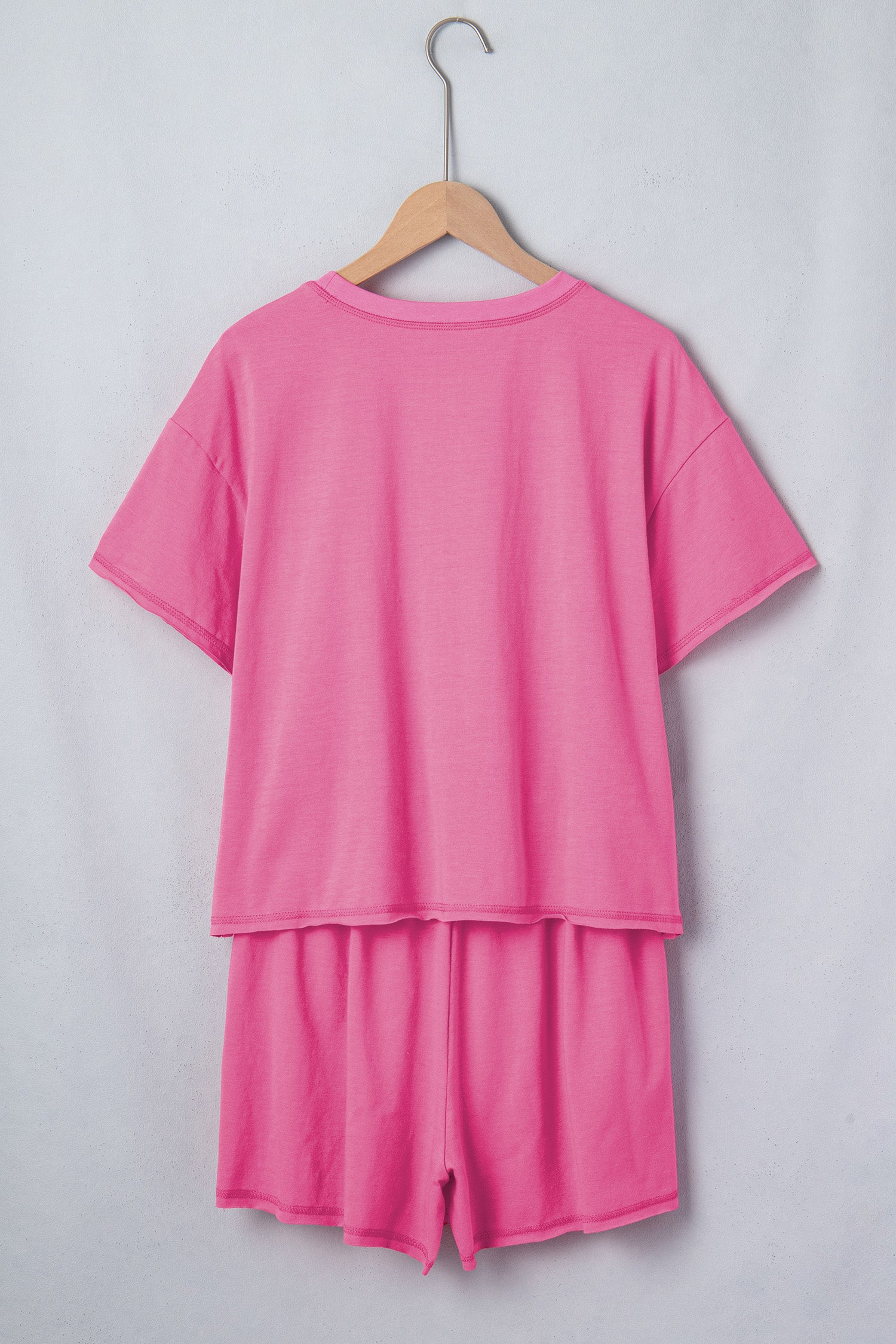 Bright Pink Seam Detail Raw Edge Tee Rainbow Waistband Casual Short Set