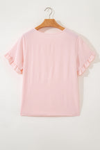 Solid Color Ruffle Trim Short Sleeve Blouse