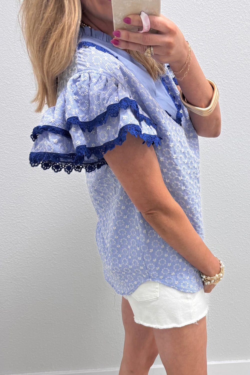 Eyelet Embroidered Flower Texture Contrast Lace Trim Flutter Sleeve Blouse