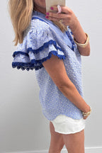 Eyelet Embroidered Flower Texture Contrast Lace Trim Flutter Sleeve Blouse
