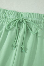 Solid Colour Ribbed Trim Short Sleeve Top Drawstring Loose Pants 2pcs Outfit