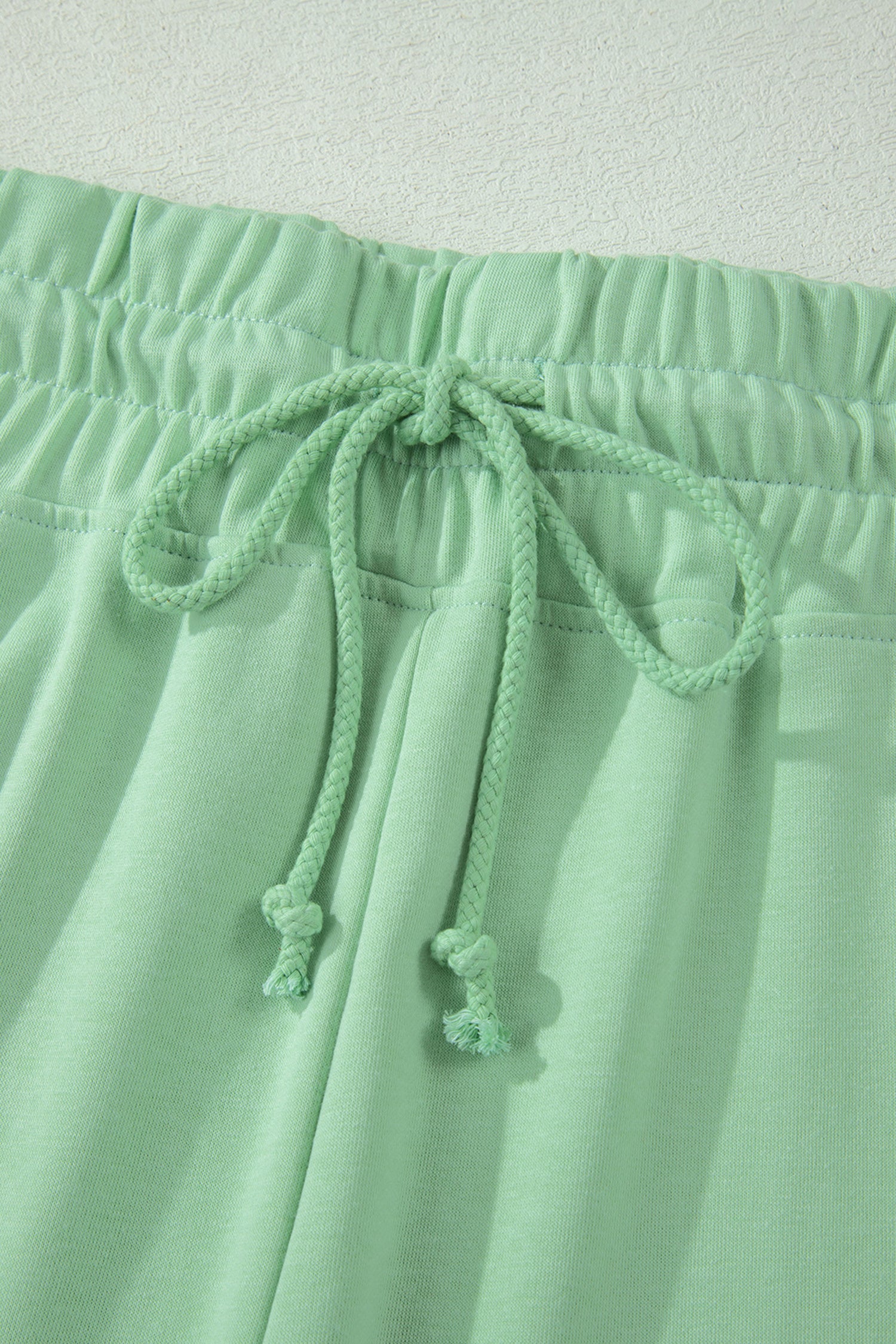 Solid Colour Ribbed Trim Short Sleeve Top Drawstring Loose Pants 2pcs Outfit