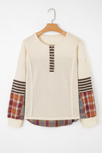 Waffle Stripe Plaid Patchwork Henley Knit Top