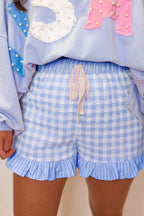 Gingham Print Ruffle Striped Detail Lace Tie Shorts