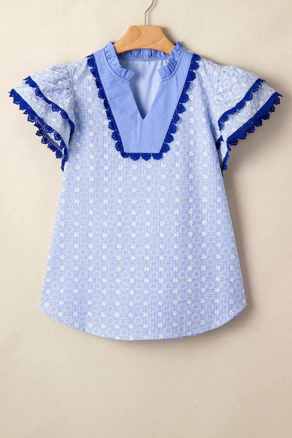 Eyelet Embroidered Flower Texture Contrast Lace Trim Flutter Sleeve Blouse