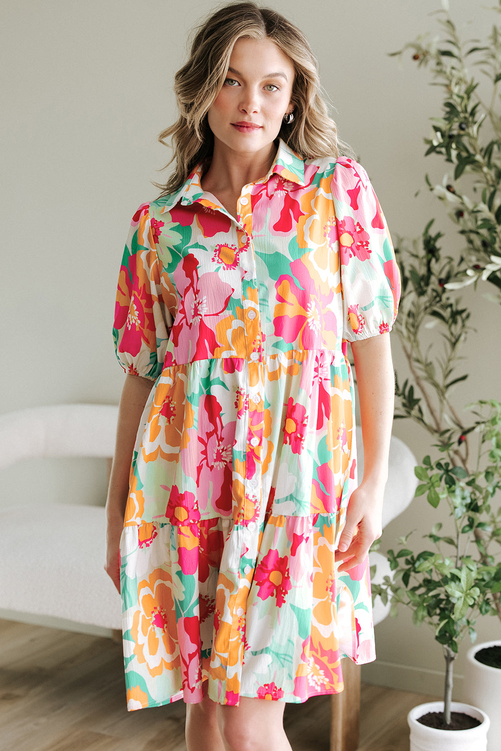 Floral Puff Sleeve Collar Buttoned Babydoll Dress