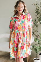 Floral Puff Sleeve Collar Buttoned Babydoll Dress