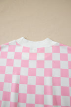 Checkered Print Colour Block Trim Mock Neck Short Set