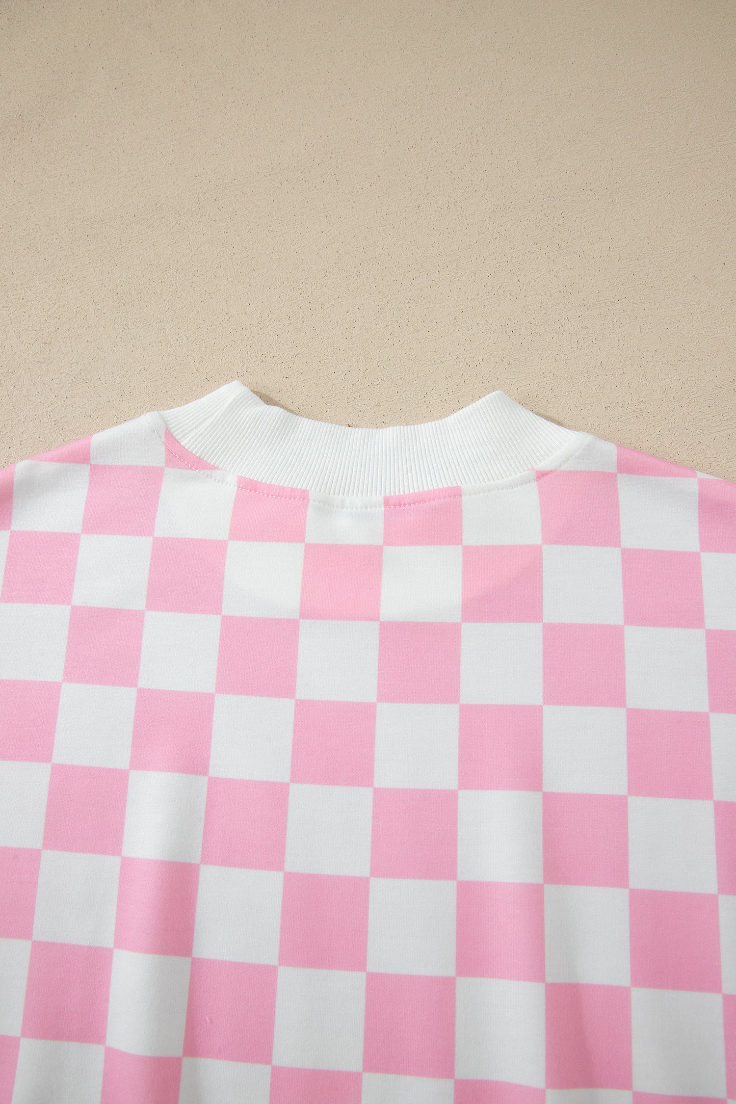 Checkered Print Colour Block Trim Mock Neck Short Set