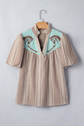 Western Pony Embroidered Yoke Puff Sleeve Gingham Blouse