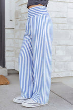 Striped Shirred High Waist Loose Summer Pants