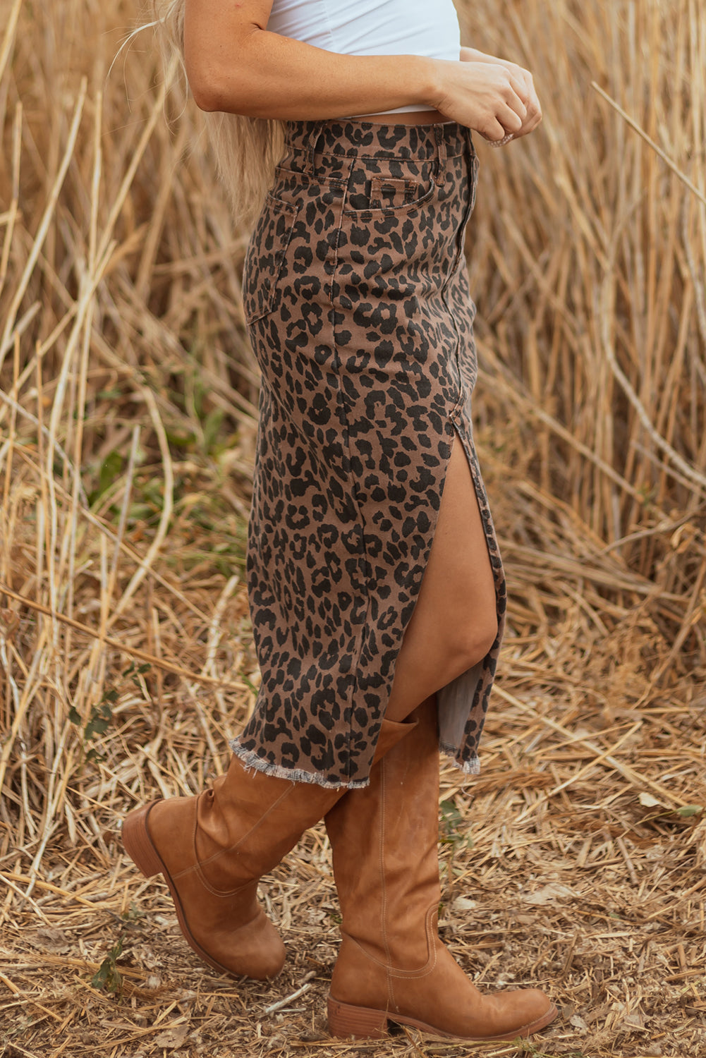 Leopard Denim Frayed Split Denim Midi Skirt