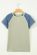 Waffle Knit Seam Detail Color Block Patchwork Short Sleeve Top