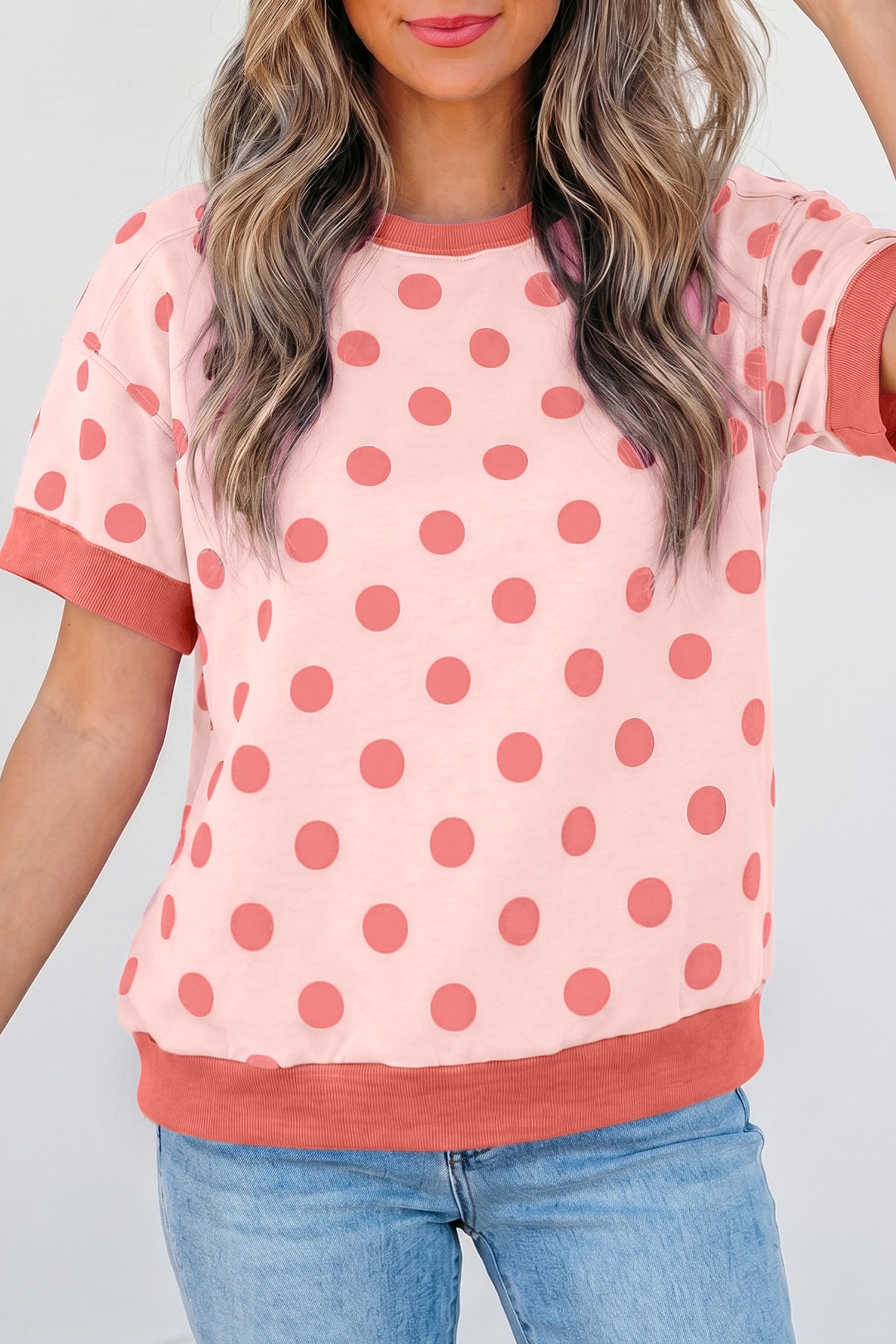 Color Block Trim Polka Dot Casual Tee