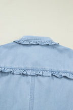 Beau Blue Ruffled Edge Collared Shift Denim Dress with Pockets