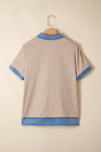 Beige Ribbed Knit Denim Color Block Patchwork Button Detail Collared Blouse