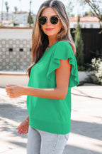 Solid Color Ribbed Trim Round Neck Ruffle Short Sleeve Sweater