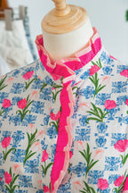 Rose Floral Print Color Block Striped Trim Flutter Sleeve Half Button Blouse