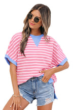Striped Contrast Trim Loose Short Sleeve Top