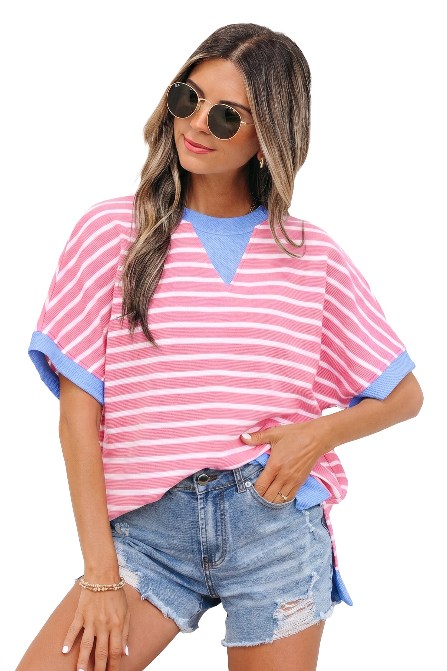 Striped Contrast Trim Loose Short Sleeve Top