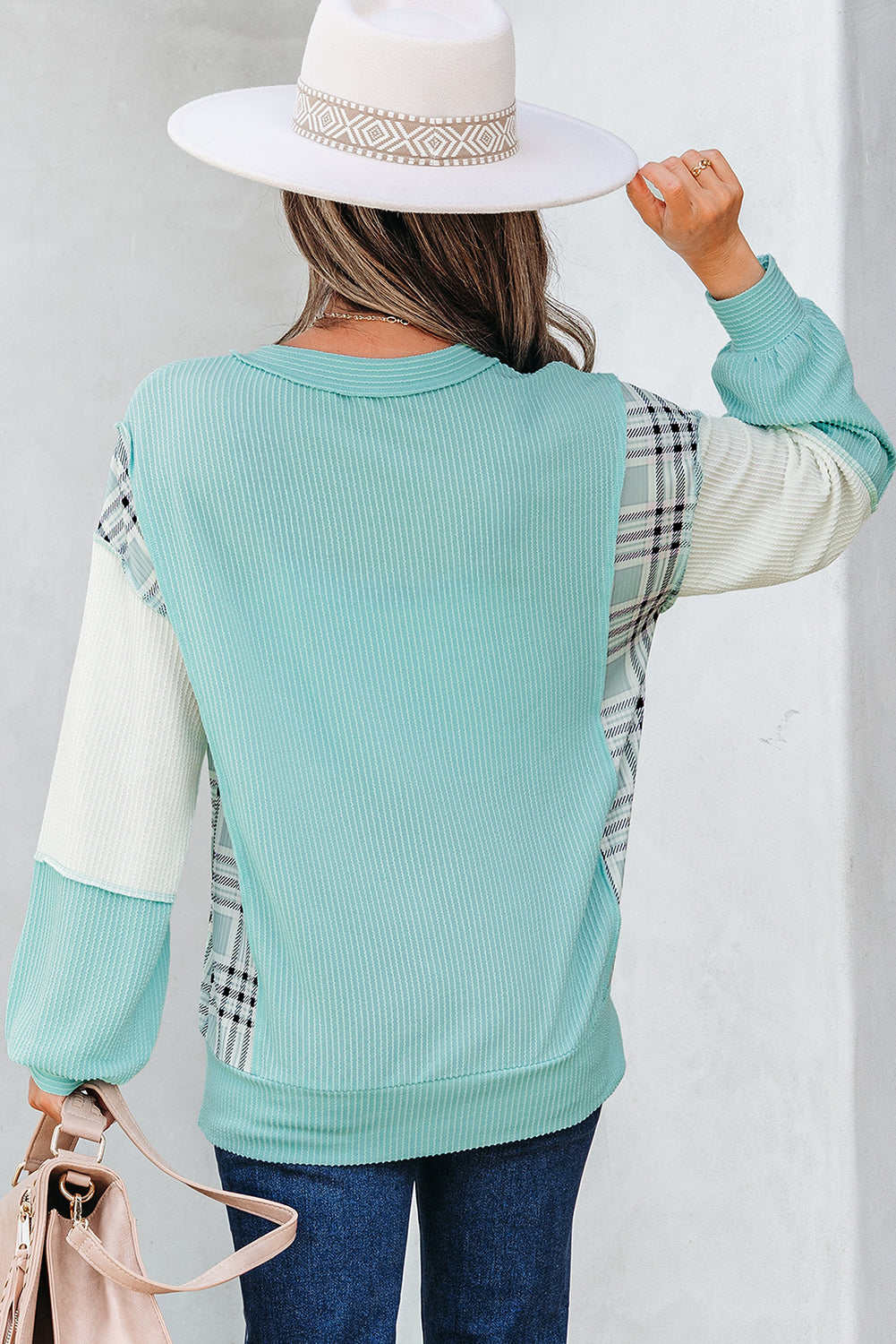 Corded Texture Plaid Colorblock Patchwork Split Neck Long Sleeve Top