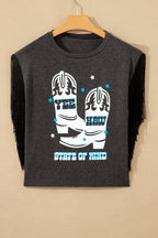 Carbon Grey YEE HAW Boots STATE OF MIND Fringed Sleeve Tee