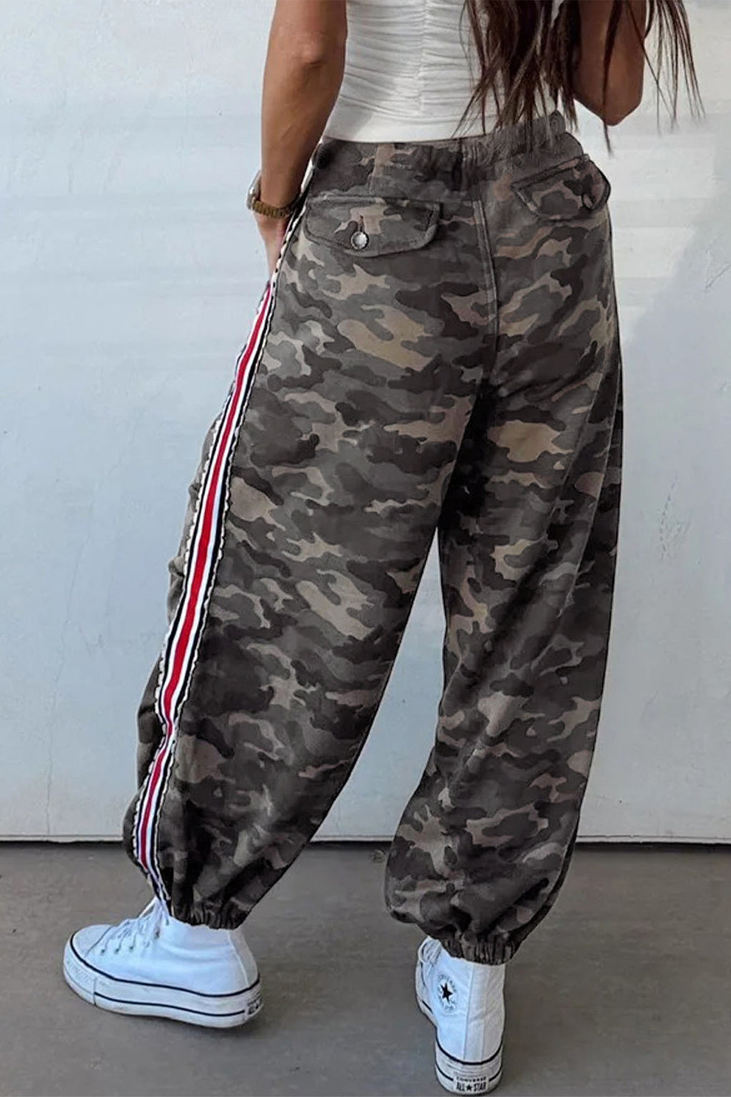 Camouflage Print Striped Side Panel Patchwork Drawstring Pants