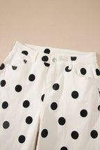 White Polka Dot Print Wide Leg Ankle-Length Jeans