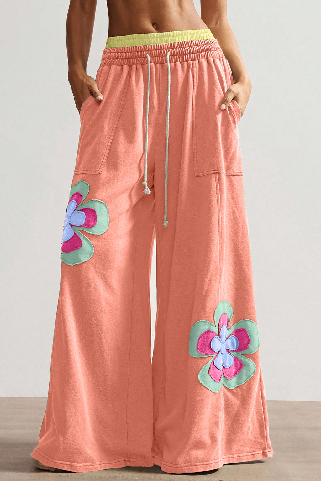 Colour Block Flower Patchwork Drawstring Contrasted Elastic Waist Wide Leg Pants