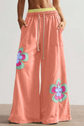 Colour Block Flower Patchwork Drawstring Contrasted Elastic Waist Wide Leg Pants